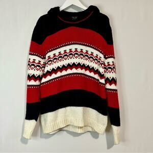 Zara Man Men’s Chunky Knit Hooded Sweater Red Black Stripe Print Size XL FLAW